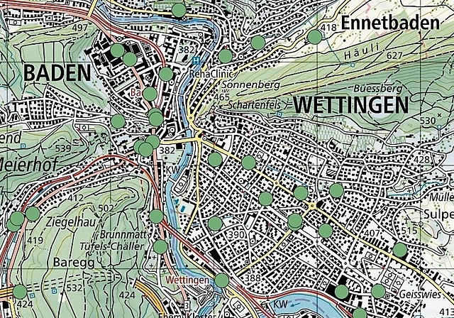 Übersichtskarte aller 5G-Antennen in Wettingen.   zVg
