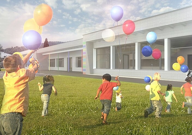 Die Projektvisualisierung des Architektenteams zeigt, wie der neue Doppel-Kindergarten aussehen könnte. Illustration: zVg