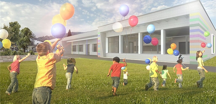 Die Projektvisualisierung des Architektenteams zeigt, wie der neue Doppel-Kindergarten aussehen könnte. Illustration: zVg