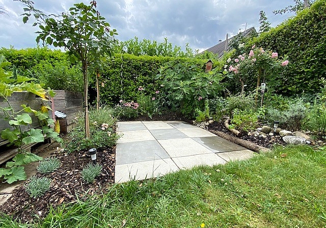 Garten mit Gemüse im Hochbeet, mit Blumen und Kräutern. Melanie Bär
