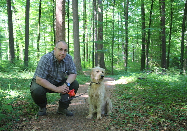 Jagdaufseher Sven Böhringer geht mit Hund Floki durch den Wald. Sibylle Egloff